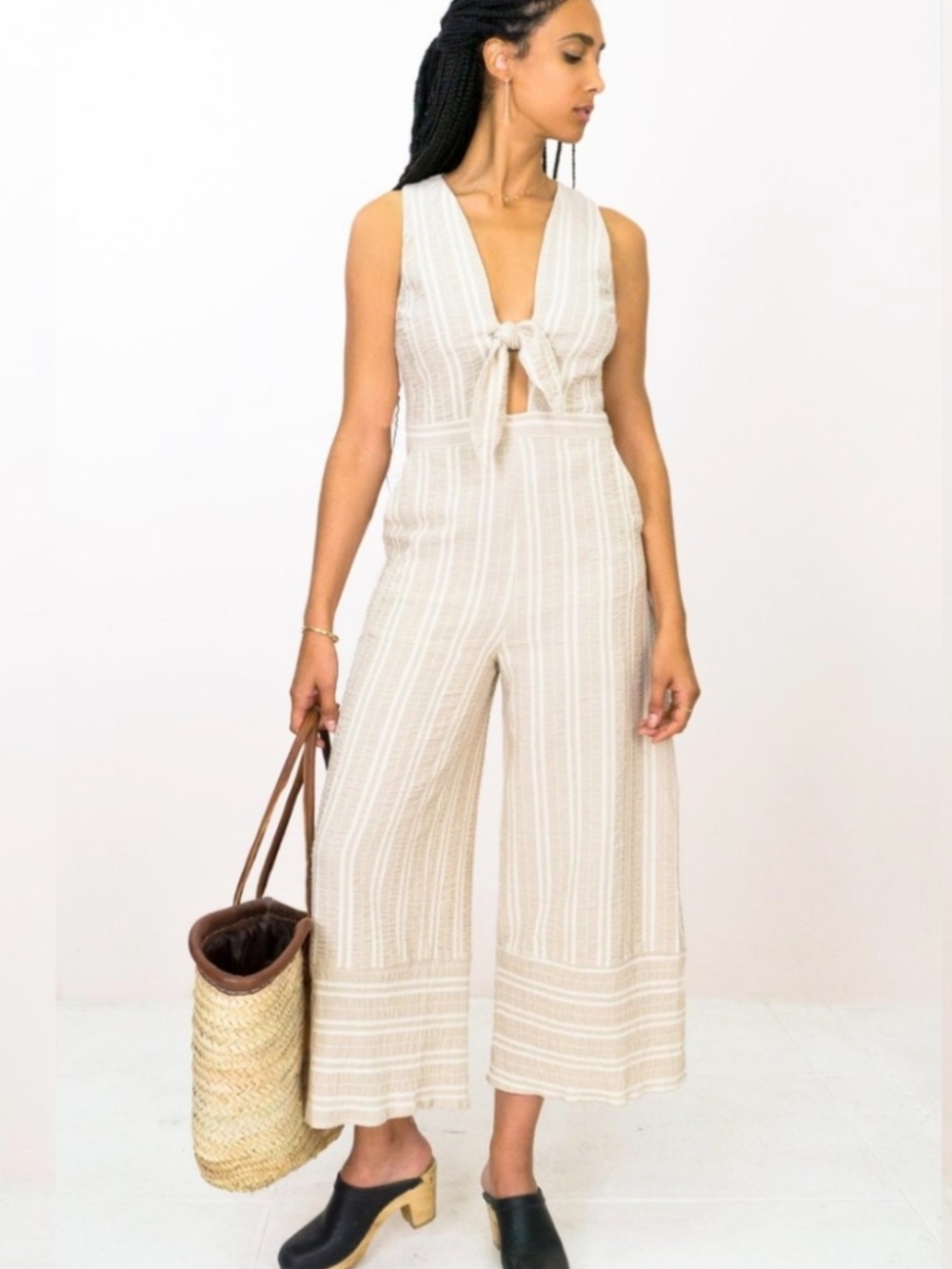 Lost + Wander Cream Striped Tie-Front Wide-Leg Jumpsuit cotton linen small